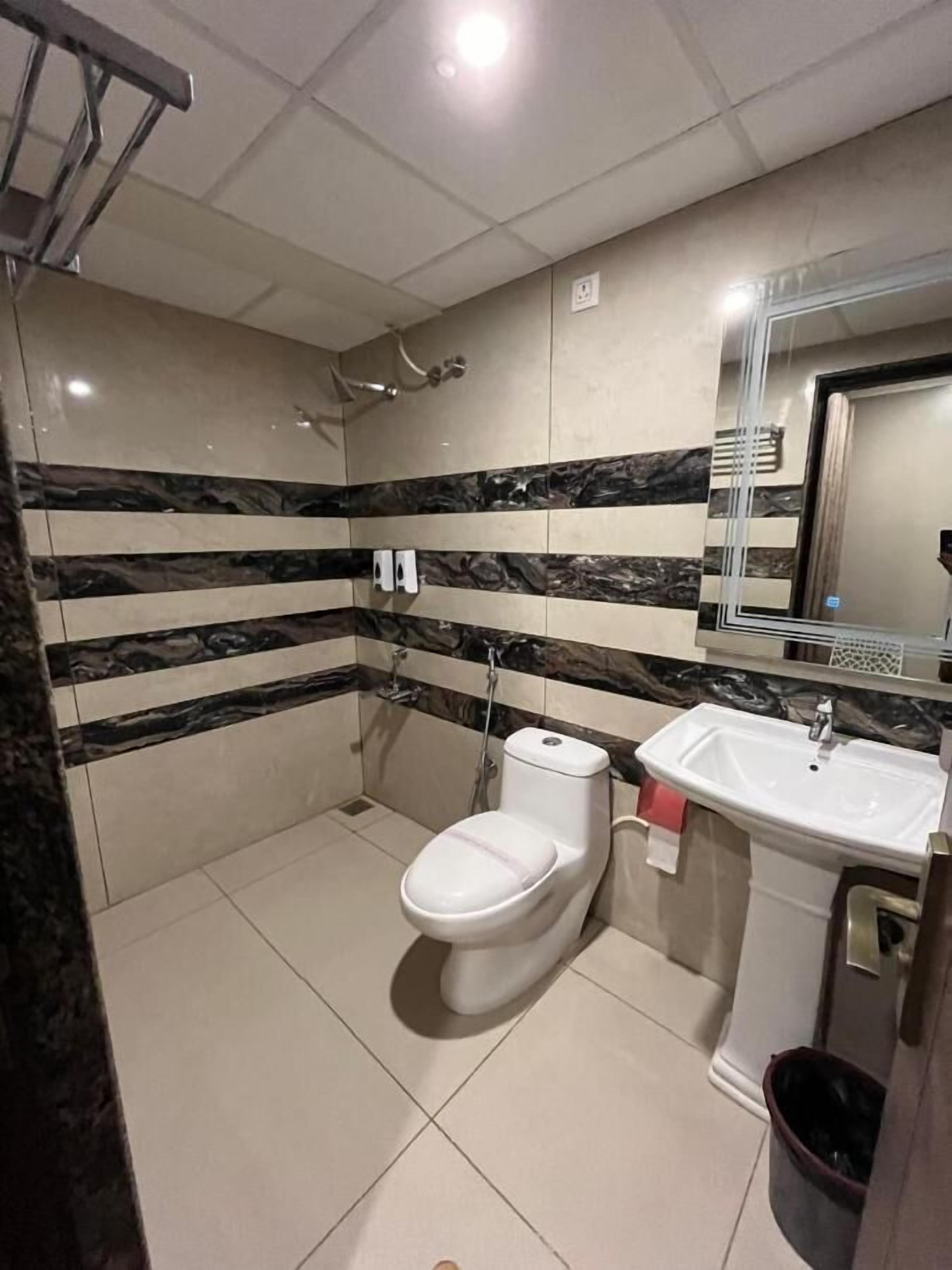 Een badkamer met toilet, wastafel en douche.