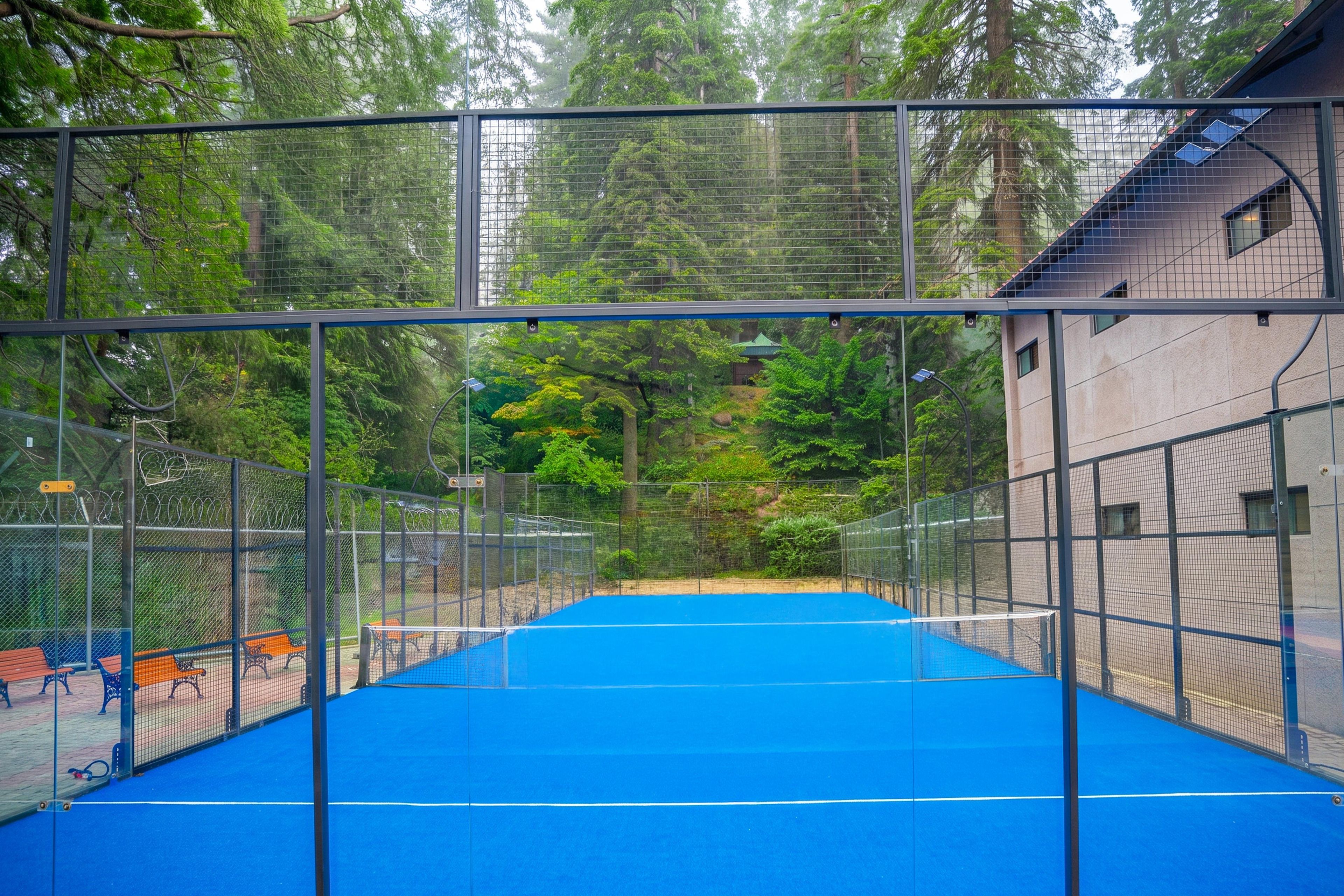 A blue tennis court enclosed by a metal fence with trees in the background.