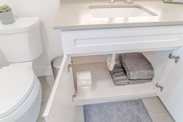 Un baño con inodoro, lavabo y barra para toallas.