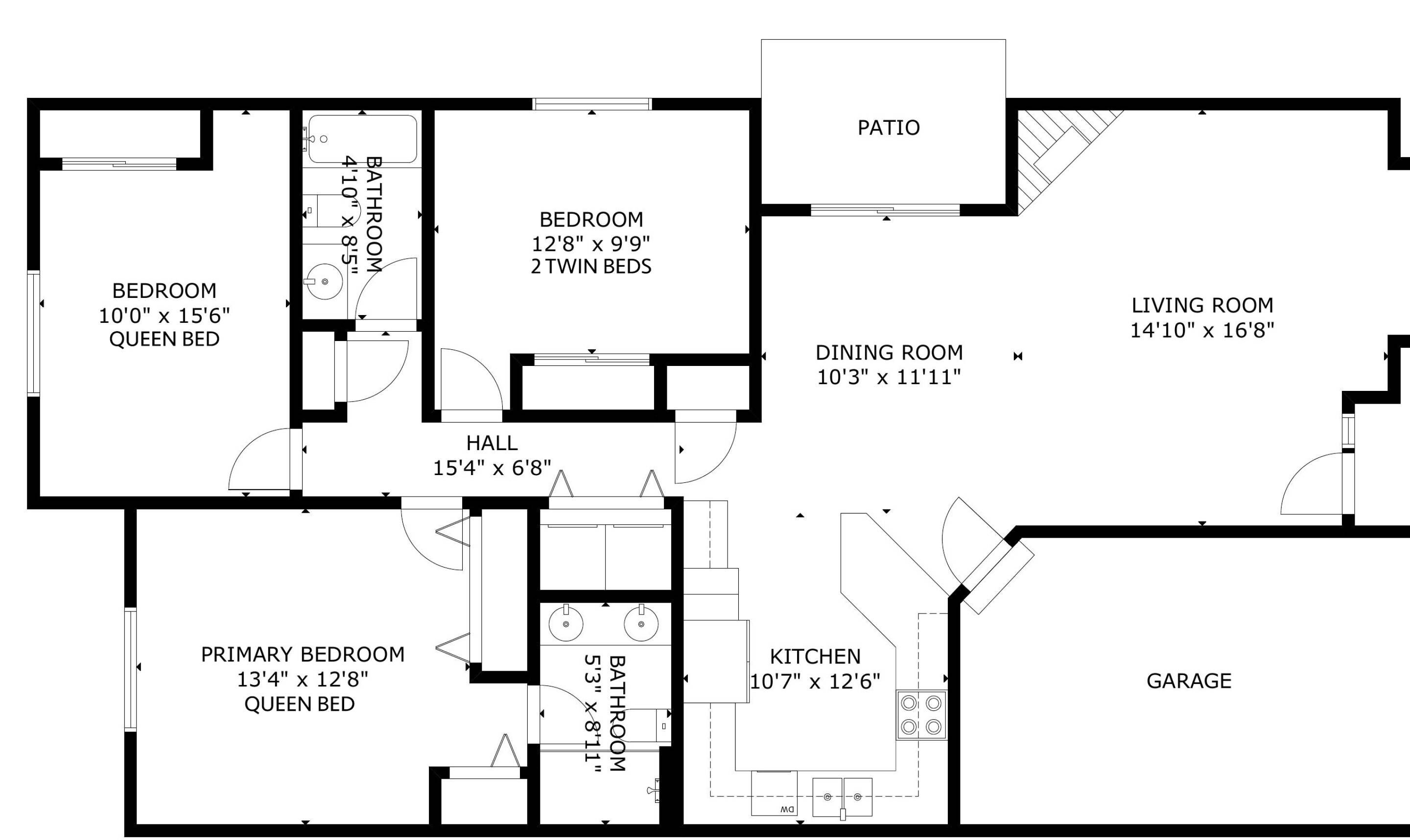 A floor plan of a house with a bedroom, living room, dining room, kitchen, patio, and garage.
