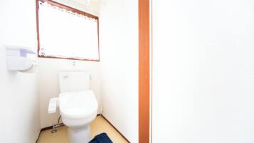 A small bathroom with a toilet, a blue rug, and a window with lace curtains.