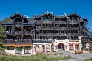 Experience the charm of traditional Alpine architecture in this hotel, featuring balconies on each floor and commercial spaces on the ground level.