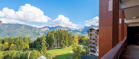 On peut admirer une vue sur la montagne depuis un balcon en bois donnant sur un parking où se trouvent des voitures et un petit bâtiment.
