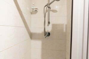 Een douche, een haardroger, een bidet, handdoeken