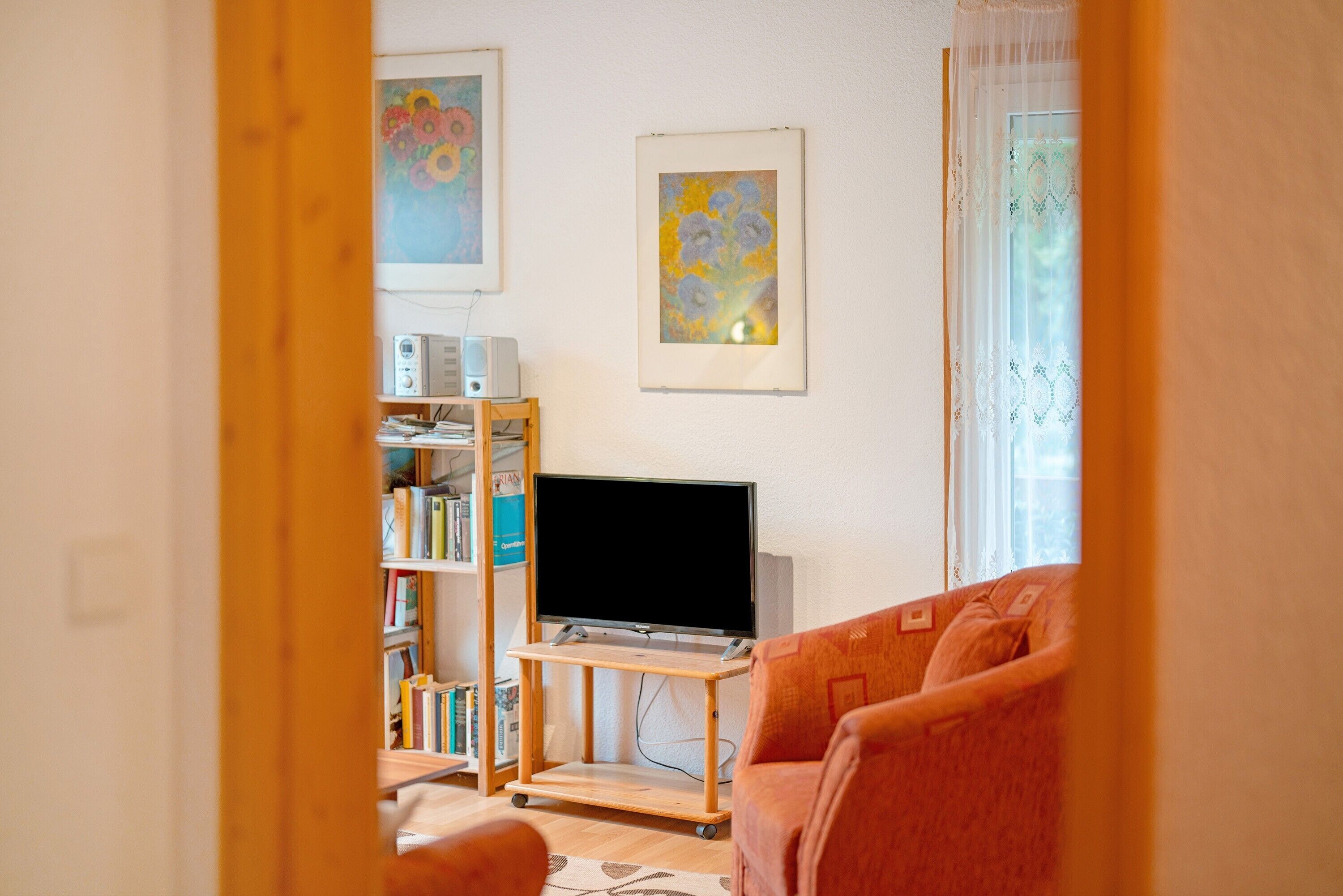 A living room with a television on a stand, a bookshelf, and a sofa.