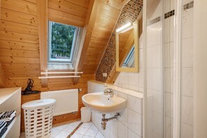 Shower, hair dryer, towels