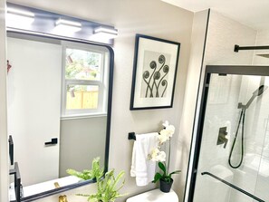 Chuveiro, secador de cabelo, toalhas de banho, sabonete