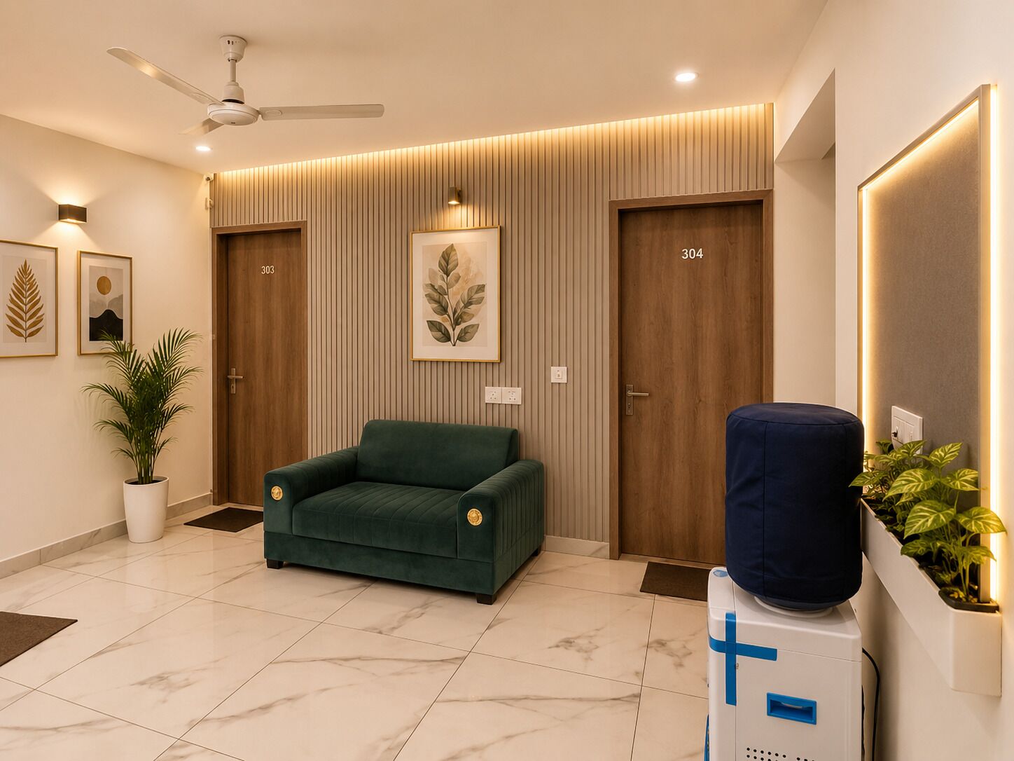 Eine moderne Hotelhalle mit einem grünen Sofa, einem Deckenventilator und einer Wandpflanze.