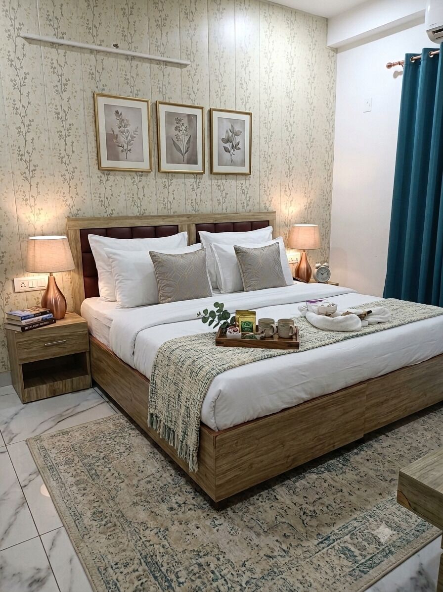 Une chambre à coucher bien aménagée, avec un grand lit, des tables de chevet, un tapis et des œuvres d’art encadrées accrochées au mur.