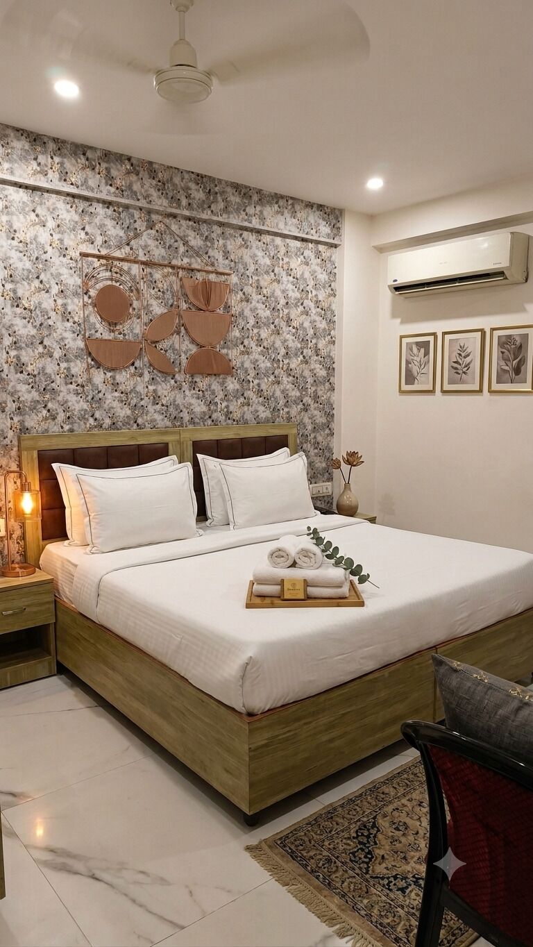 A neatly made bed with white linens, a wooden headboard, and a bedside table with a lamp.