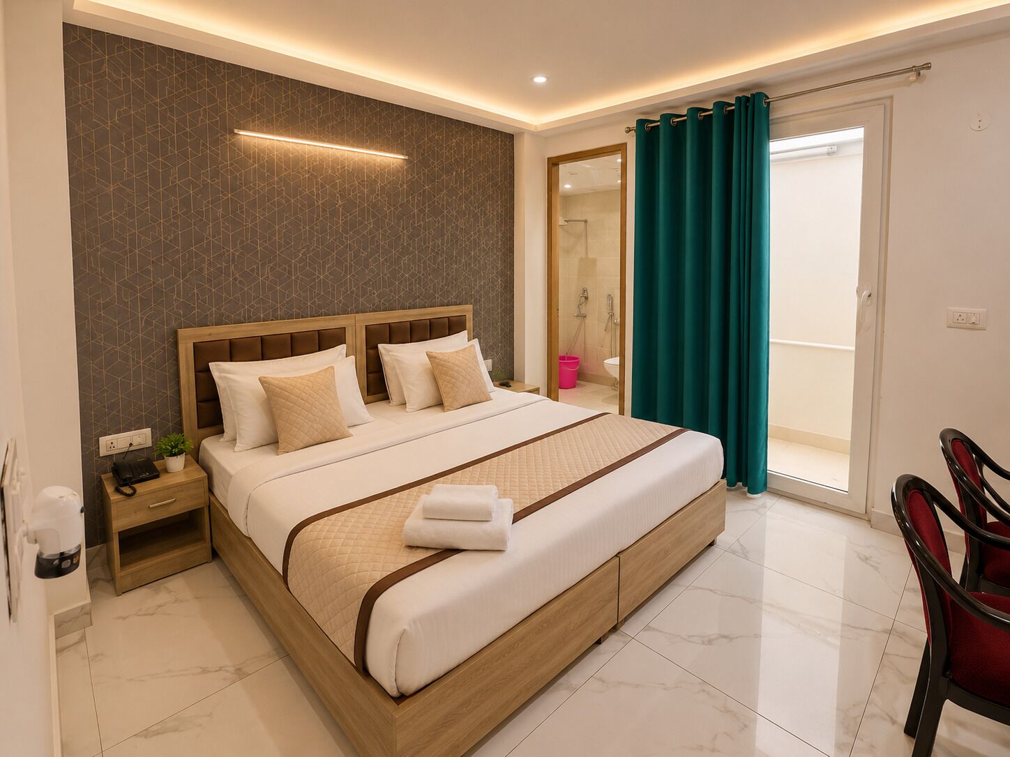 A hotel room with a large bed, a bedside table with a lamp, a mirror, and a view of the outside.