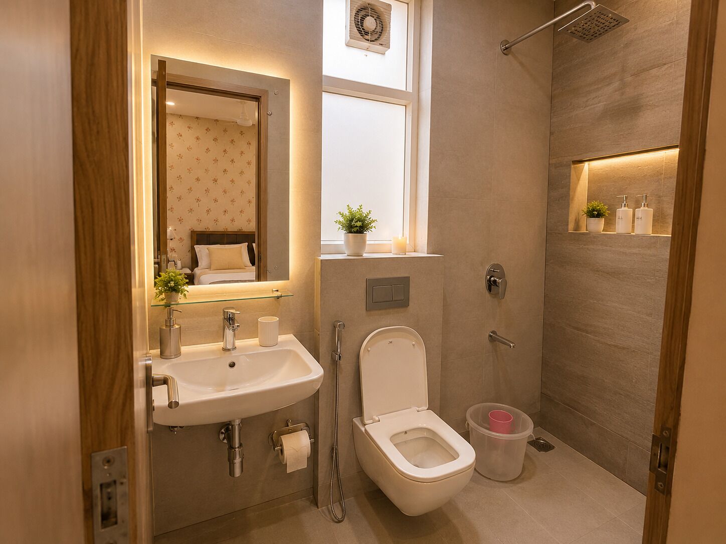 A modern bathroom with a sink, toilet, and shower.