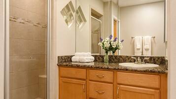 Hair dryer, towels, soap, toilet paper