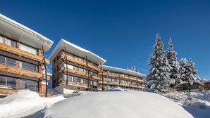 A multi-story hotel with wooden facade and balconies, surrounded by snow-covered trees. - Terrace Apartment in Chamrousse (Chamrousse)