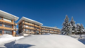 Ett hotell med flera våningar, en träfasad och balkonger, omgivet av snötäckta träd.