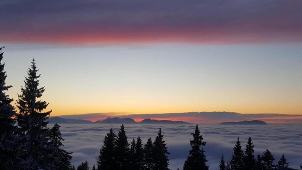 Un paysage de montagne avec des arbres couverts de neige et un ciel dégagé au coucher du soleil.