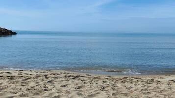 A sandy beach with clear blue water and a rocky outcrop on the left.