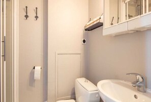 Bathroom features a toilet, sink, and mirror.