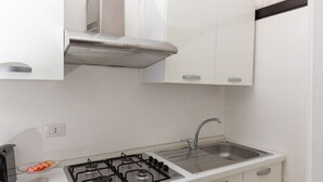 A compact kitchen with a gas stove, a stainless steel sink, and white cabinetry. - Kandinsky - Exclusive Apartment (Milano)