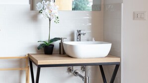 A modern bathroom with a white sink, black metal frame, and a potted orchid.