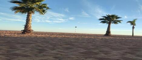 A desert landscape with three palm trees and a flagpole in the distance.