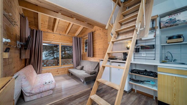A cozy cabin interior with a wooden interior, a sofa, a ladder, and a kitchen area with shelves and appliances. - Apartment in French Alps near Ski Resort (Allos)