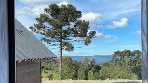 A view from a window with a wooden building, a large tree, and a grassy area. - Pousada Recanto das Cachoeiras Urubici (Urubici)