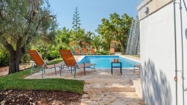 A swimming pool with lounge chairs, a stone pathway, and a showerhead.