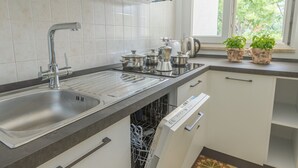 A modern kitchen with a stainless steel sink, a built-in dishwasher, and a window with potted plants on the counter.