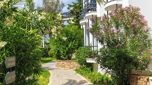 Un chemin menant à un bâtiment dont le mur est en pierre, entouré d’une végétation luxuriante et de plantes en fleurs.