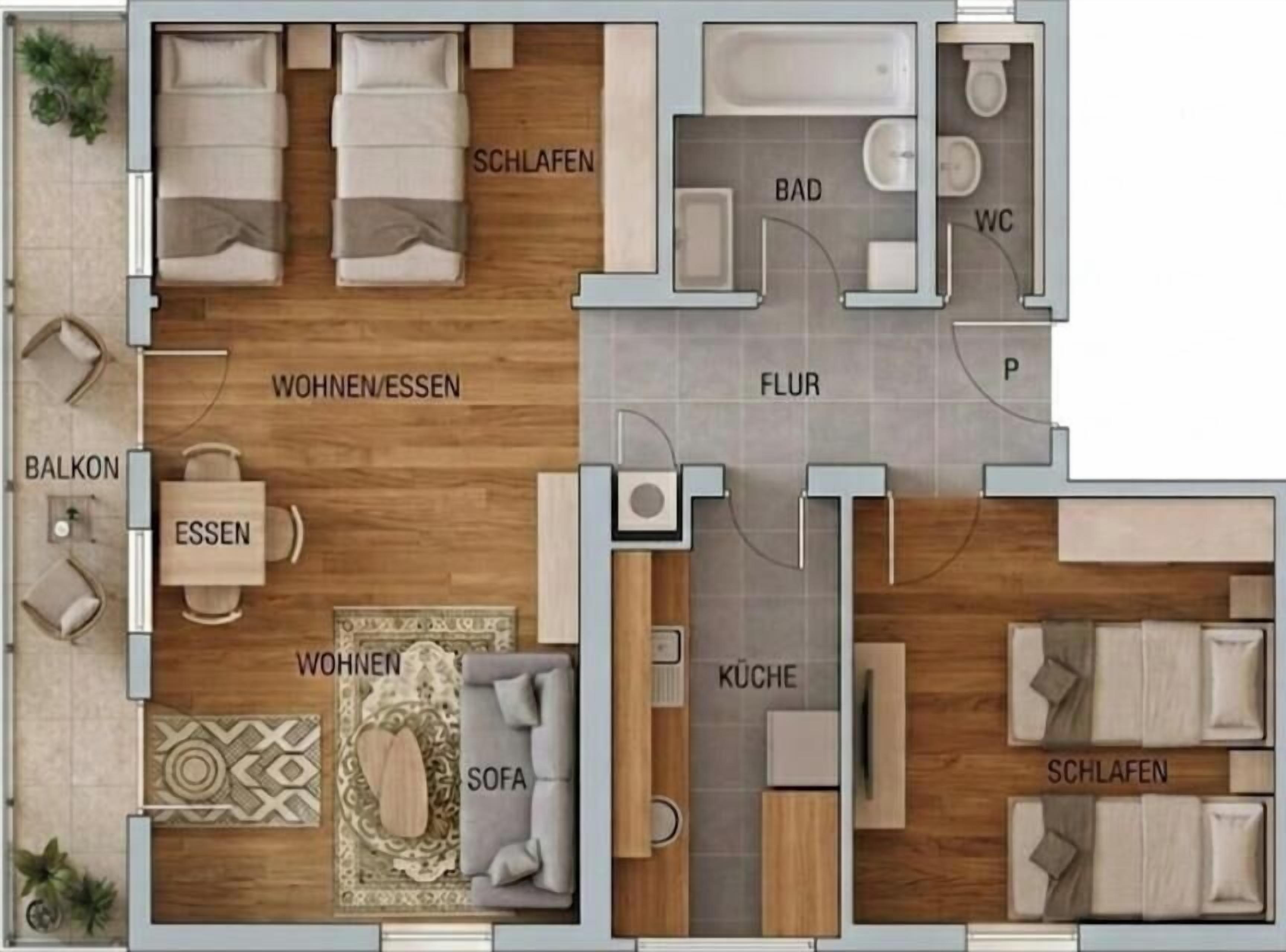 Distribución de un hotel con sala de estar, comedor, zona de descanso, cocina, baño y balcón.
