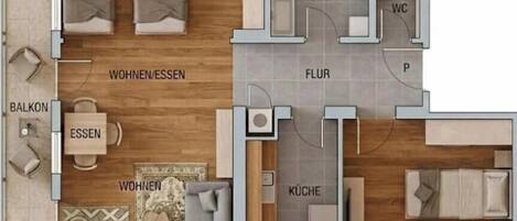 Distribución de un hotel con sala de estar, comedor, zona de descanso, cocina, baño y balcón.