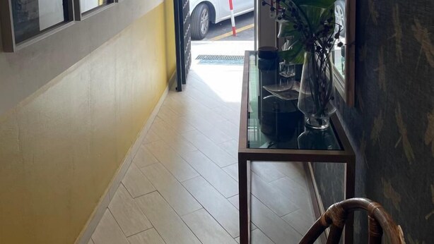 Un pasillo con una mesa de vidrio, una planta en maceta y una silla.