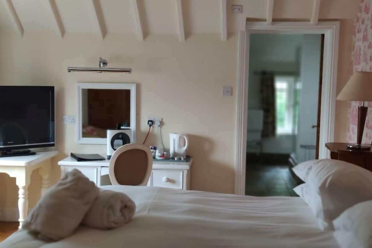 Hotelkamer met een bed, een televisie, een bureau met een computer, een spiegel en een deur naar een andere kamer.