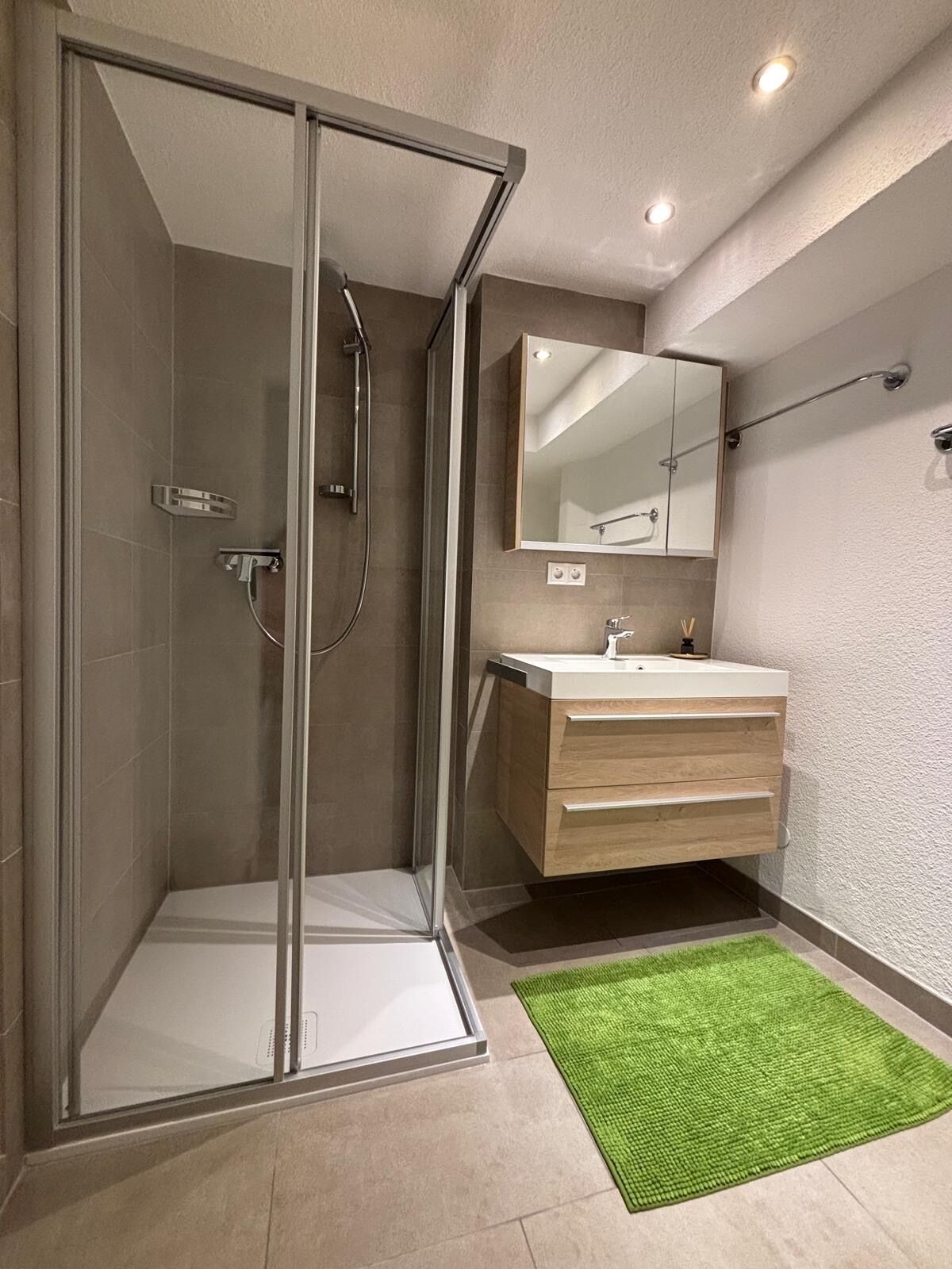 Dusche, Haartrockner, Handtücher, Toilettenpapier