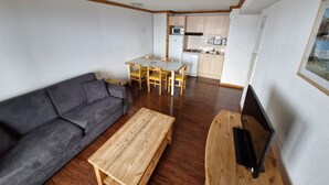 A compact living space with a sofa, a wooden coffee table, a TV stand, a dining table with chairs, and a kitchenette in the background.