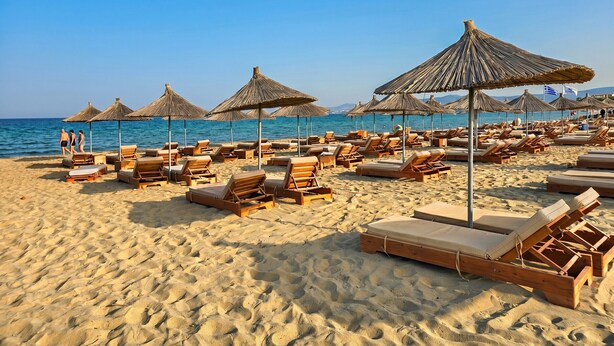 A beach with sun loungers and thatched umbrellas.
