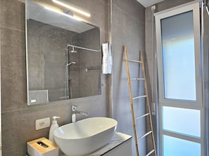 Shower, hair dryer, towels
