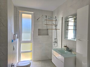 Shower, hair dryer, towels