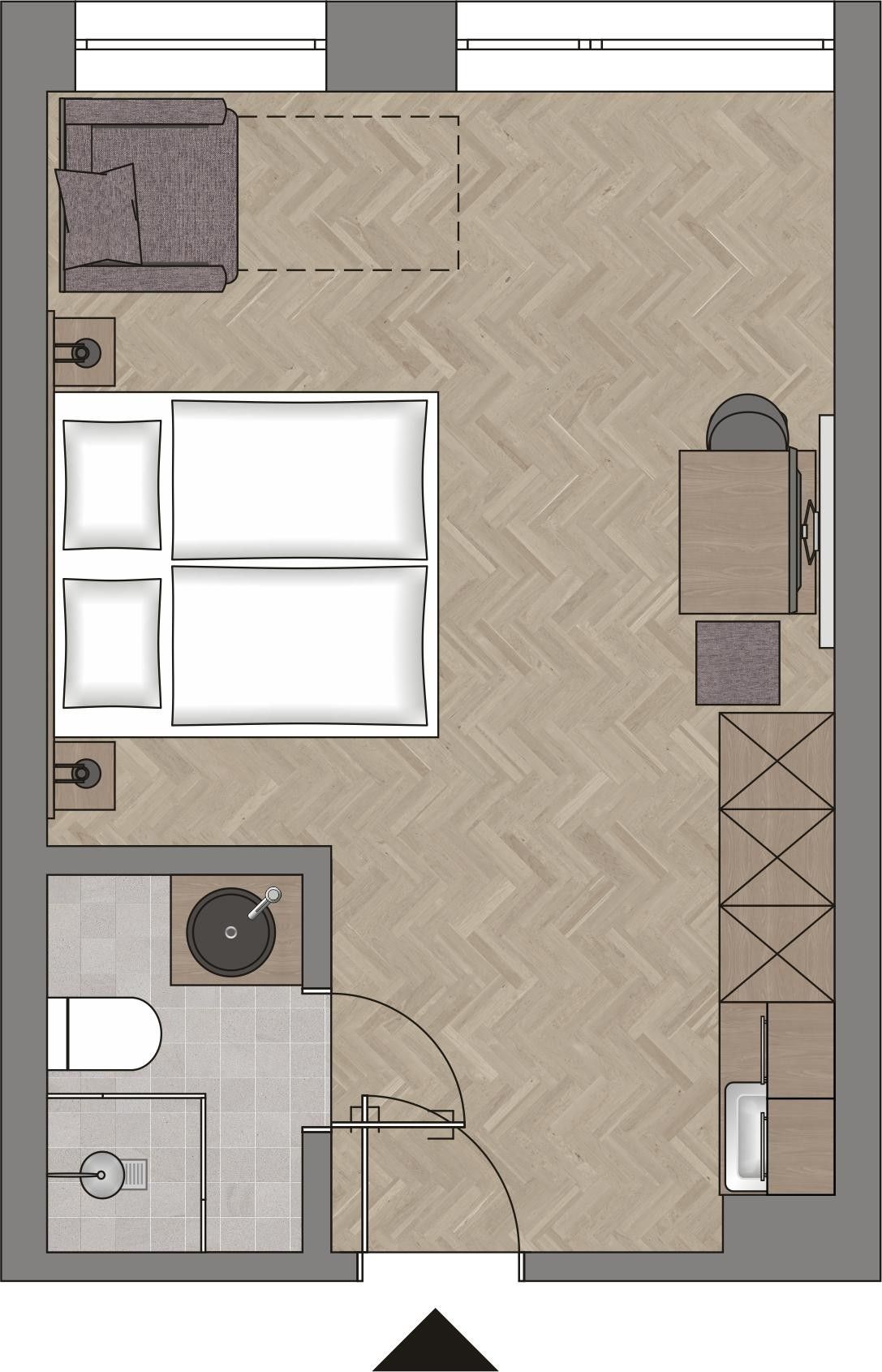 Un plan d’aménagement de chambre d’hôtel comprenant un lit, un coin salon, une kitchenette et une salle de bain.