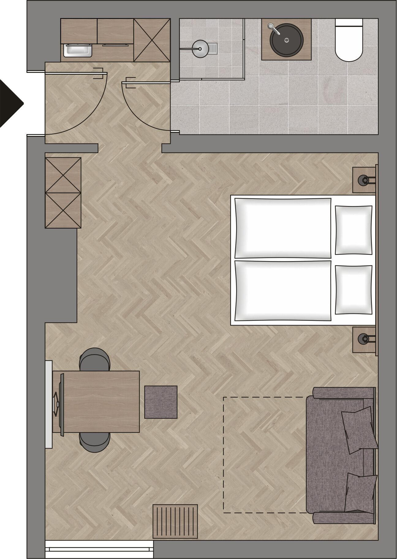 Grundriss einer 2-Zimmer-Wohnung mit Küche, Essbereich und Wohnzimmer.