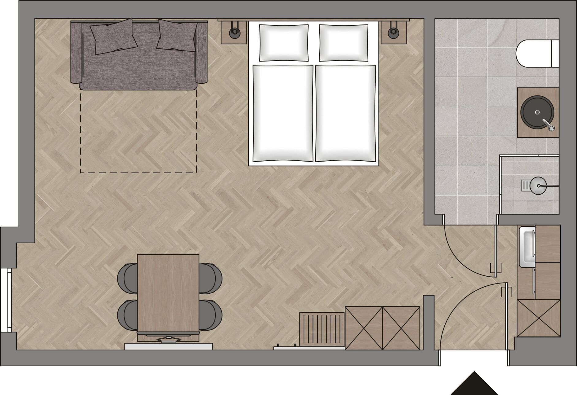A floor plan of a hotel room with a bed, a sitting area with a sofa and a table, a small kitchenette, and a bathroom.