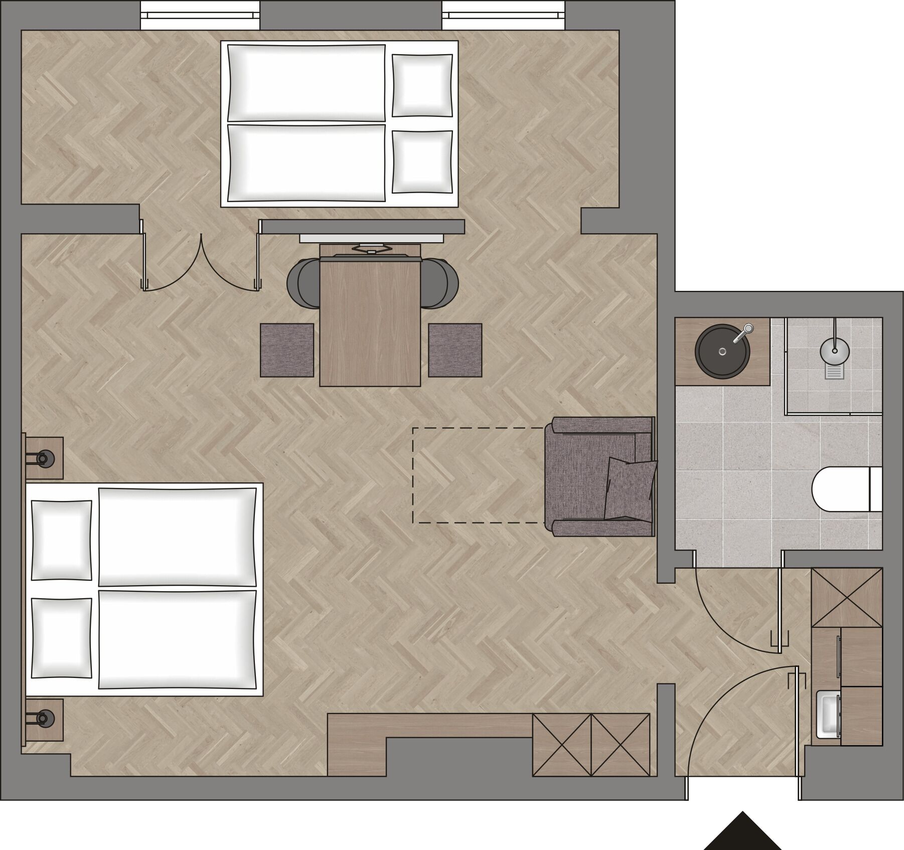 A hotel room layout with a bed, a sofa, a dining table, and a separate bathroom.