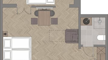 A hotel room layout with a bed, a sofa, a dining table, and a separate bathroom.