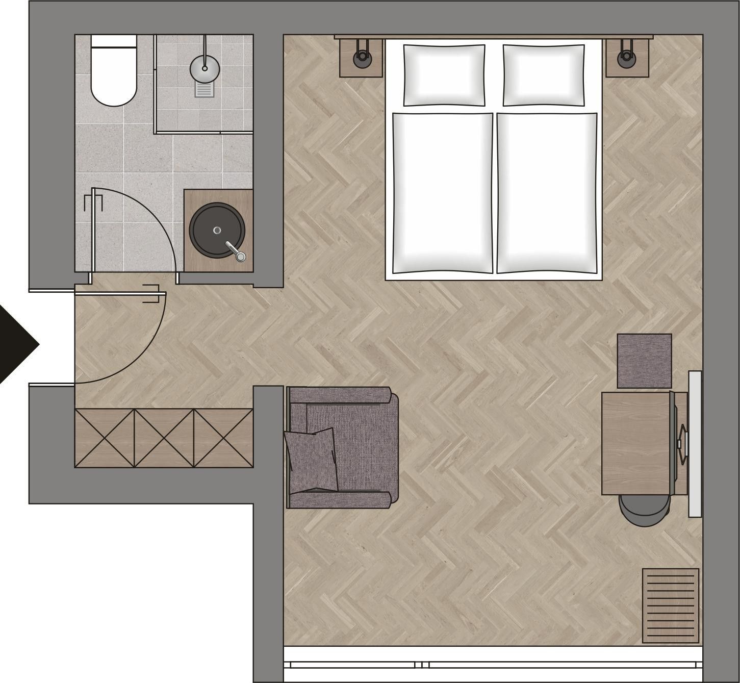 Un plan d’aménagement d’une chambre d’hôtel comprenant une salle de bain, un lit, un canapé et un bureau.