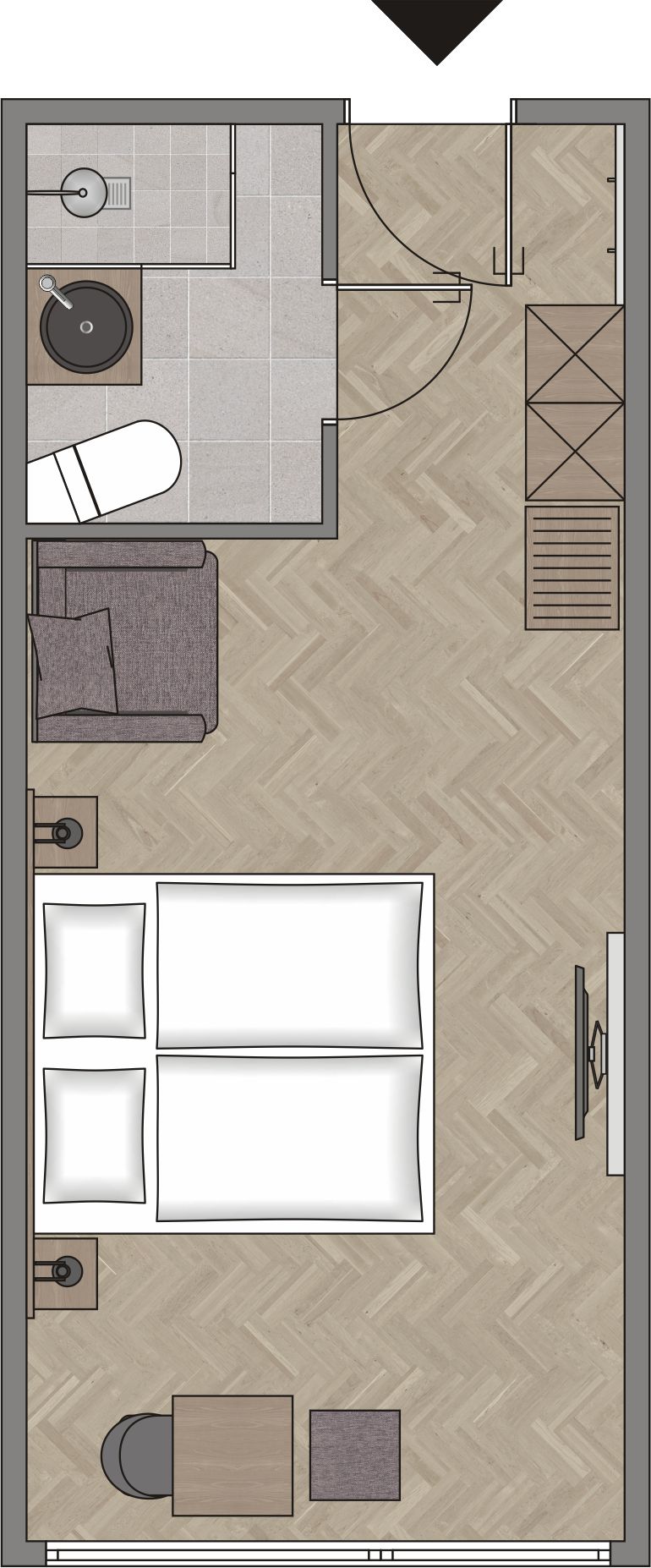 Distribución de una habitación de hotel con cama, mesitas de noche, sofá, una pequeña mesa y una silla.