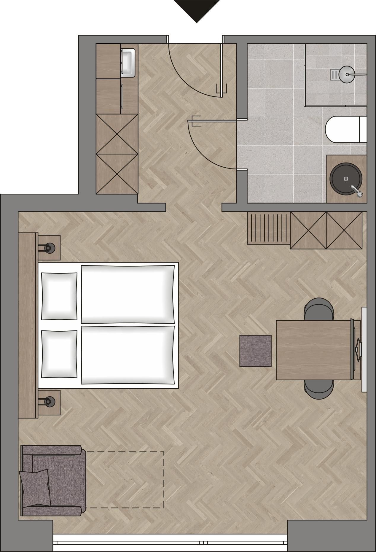 A hotel room layout with a bed, a small seating area, a bathroom, and a kitchenette.