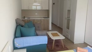 Um espaço compacto com cozinha compacta, sofá, pequena mesa e guarda-roupa.
