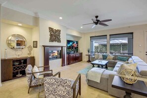 TV, fireplace, offices