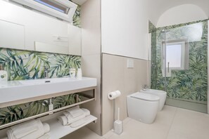Shower, hair dryer, bidet, towels